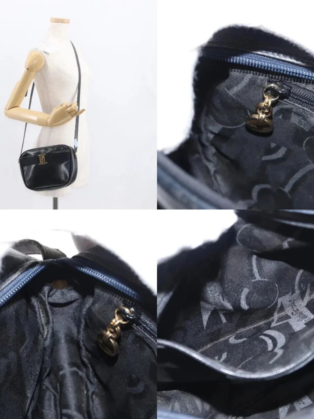 Salvatore Ferragamo Shoulder Bag Leather Navy Gold Auth ka1249